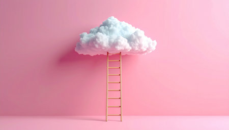 Ladder leading to white cloud on pink background, 3D renderingの素材