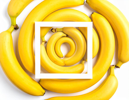 Creative layout made of yellow bananas with white frame. Flat lay, top view.の素材