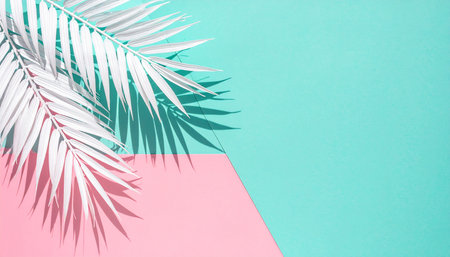 Tropical palm leaves on pink and blue background. Minimal summer conceptの素材