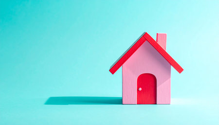 Wooden toy house on a blue background with copy space. The concept of buying or selling real estate.の素材