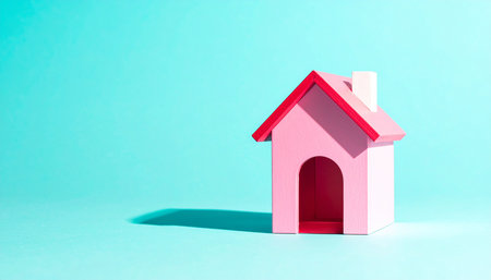 Pink toy house on blue background with shadow. Real estate concept.の素材
