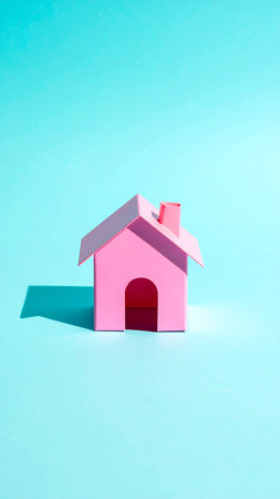 Pink toy house on a blue background. Minimalism concept.の素材