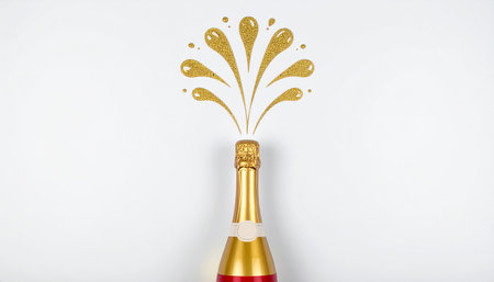 Bottle of champagne with splashes on white background, top viewの素材