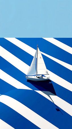 Sailboat on a blue and white striped background, closeup of photoの素材