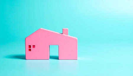 Pink house model on blue background with copy space. Real estate conceptの素材