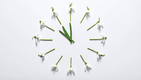 Clock made of snowdrops on white background, top view. Time conceptの素材