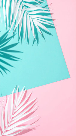 Creative layout made of tropical palm leaves on blue and pink background. Flat lay, top view minimal summer concept.の素材
