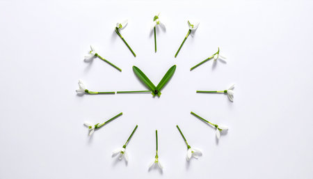 Clock made of snowdrop flowers on white background. Time concept.の素材