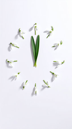 Snowdrop flower with clock on white background. Spring time concept.の素材