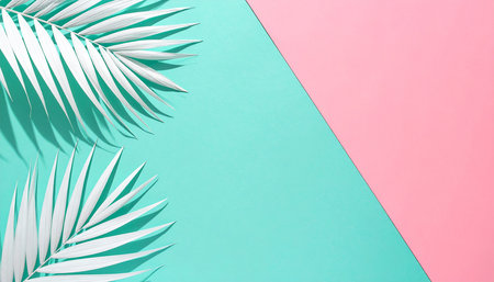 Tropical palm leaves on blue and pink background. Flat lay, top view minimal summer concept.の素材
