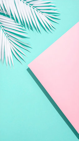 Tropical palm leaves on blue and pink background. Flat lay, top view minimal summer concept.の素材