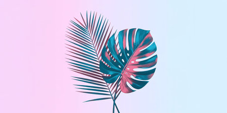Tropical palm leaves on pastel background. Minimal summer concept.の素材