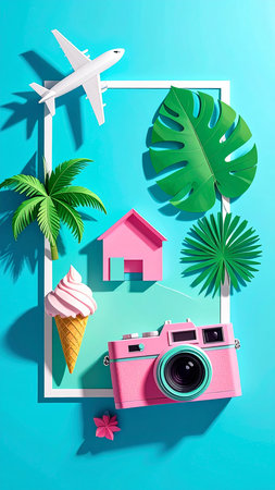 Summer vacation concept with camera, house, ice cream and tropical leaves on blue backgroundの素材