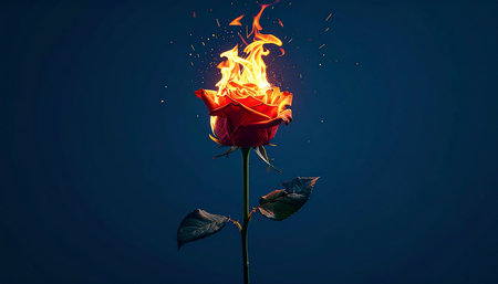 Burning red rose on dark blue background. Valentine's day conceptの素材