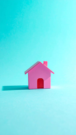Pink house on a blue background. Minimalism concept. Copy space.の素材