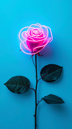 Pink rose with neon light on blue background. Valentine's day concept.の素材