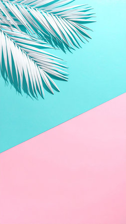 Tropical palm leaf on blue and pink background. Minimal summer concept.の素材