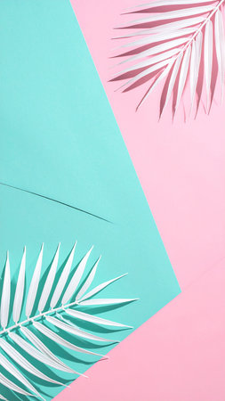 Tropical palm leaves on pastel background. Flat lay, top view minimal summer concept.の素材