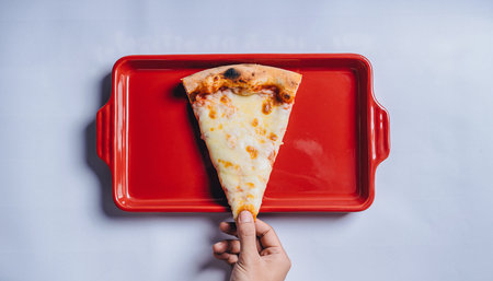 Pizza in a red plastic tray on a white background. View from above.の素材