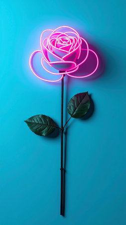 Rose with neon lights on a blue background. Minimalism.の素材