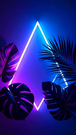 Tropical background with palm leaves and neon lights. Vector illustration.の素材