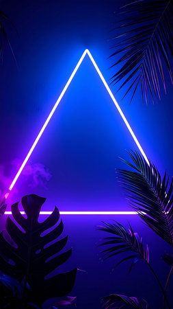 Neon blue background with palm leaves and triangle. Vector illustration.の素材