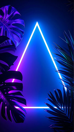 Neon abstract background with palm leaves and triangle. Vector illustration.の素材