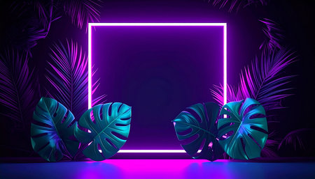 Tropical background with palm leaves and neon lights. Vector illustration.の素材