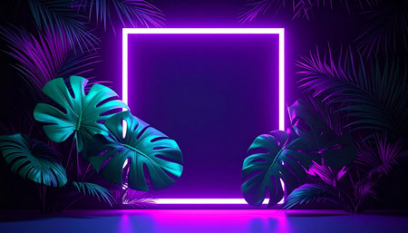 Tropical background with palm leaves and neon light. Vector illustrationの素材