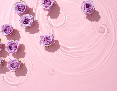 Purple roses floating on water surface with ripples. Top viewの素材