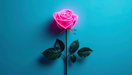 Pink rose on blue background with neon light. Flat lay, top viewの素材