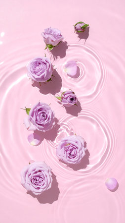 Roses floating on rippled water surface. Pink background.の素材