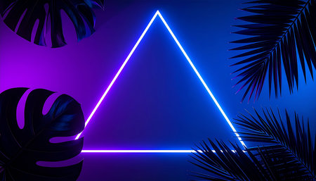 Neon triangle with palm leaves on purple background. 3d illustrationの素材