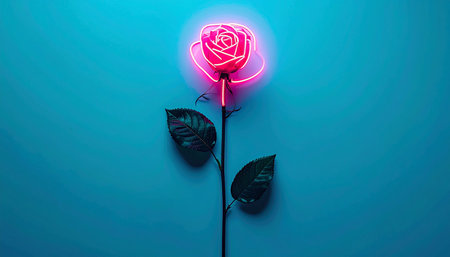 Neon rose on blue background. Valentine's day concept. 3D Renderingの素材