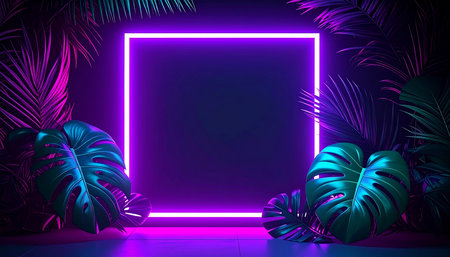 Futuristic neon background with palm leaves and square frame. Vector illustration.の素材