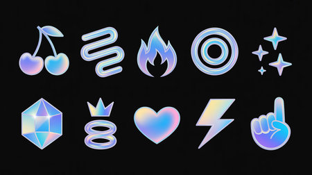 Fluorescent icons on black background. 3D rendering. Neon signs.の素材