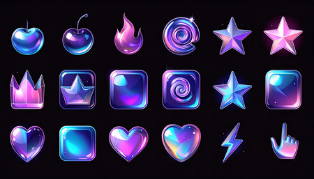 Glossy glossy icons set with star, crown, heart and lightningの素材
