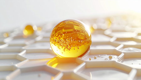 3d render of oil capsule in hexagonal honeycombs.の素材