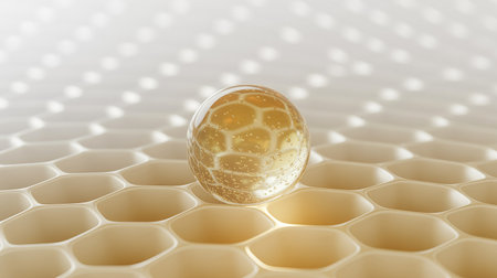 3d render of golden ball in hexagonal pattern. Abstract backgroundの素材