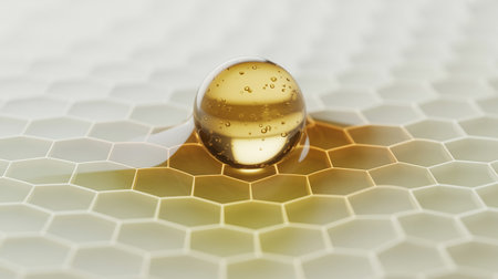 Transparent drop of oil on the background of honeycomb. Macroの素材