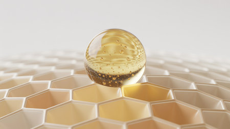 3d rendering of golden honeycomb with sphere on white background.の素材