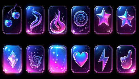A set of colorful neon buttons with symbols on a black background.の素材