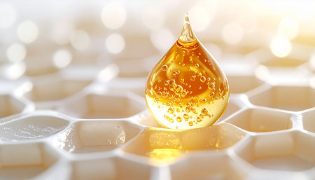 Honey drop with honeycomb background. 3d rendering toned imageの素材
