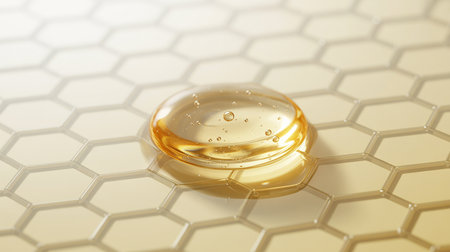 Honey on honeycomb background. 3d illustration. Copy space.の素材