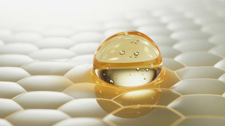 Capsules of omega 3 fish oil on honeycomb background.の素材