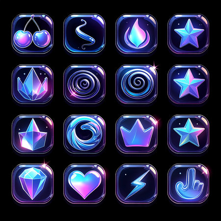 set of blue glass buttons with icons and symbols on a black backgroundの素材