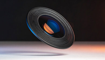 Photo camera lens on a black background. Close-up photo.の素材