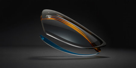 Glass and metal shapes in black background. 3d render illustration.の素材