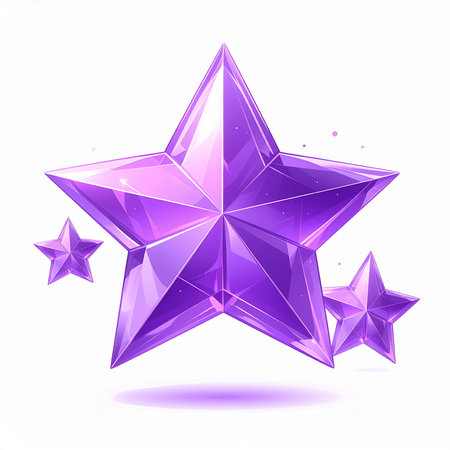 Purple crystal star isolated on white background. 3d vector illustration.の素材
