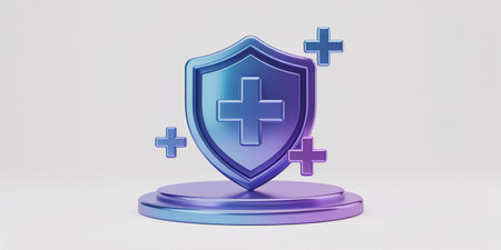 Blue shield and cross on white background, 3d rendering. Computer digital drawing.の素材
